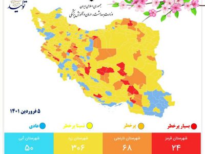 آخرین آمارهای کرونا و رنگبندی شهرها در ایران/ ثبت ۵۴ فوتی و ۱۳۸۲ بیمار جدید